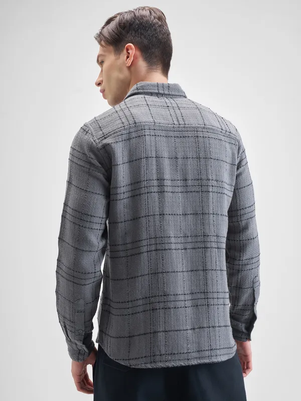Highlander Men Grey Checked Slim Fit Casual Shirt