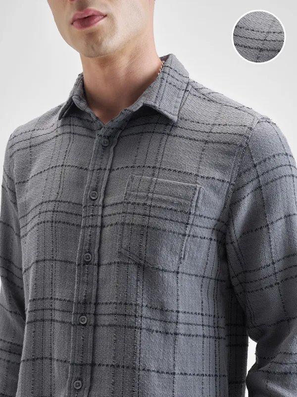 Highlander Men Grey Checked Slim Fit Casual Shirt