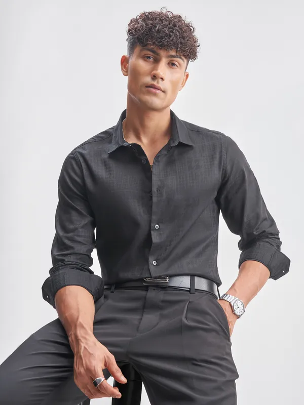 Highlander Men Black Self Design Slim Fit Casual Shirt