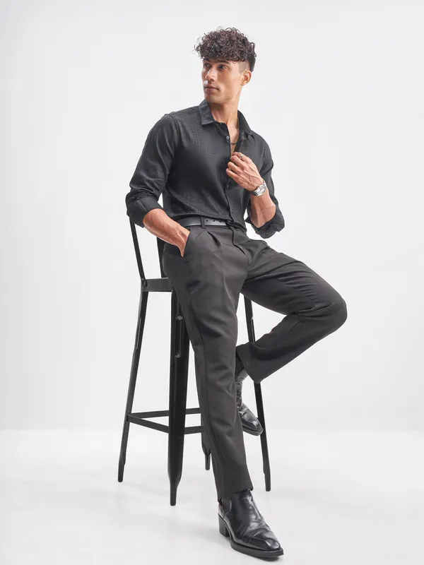 Highlander Men Black Self Design Slim Fit Casual Shirt