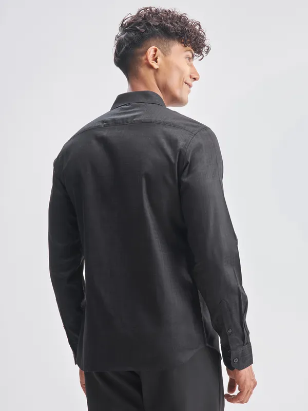 Highlander Men Black Self Design Slim Fit Casual Shirt