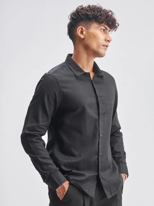 Highlander Men Black Self Design Slim Fit Casual Shirt