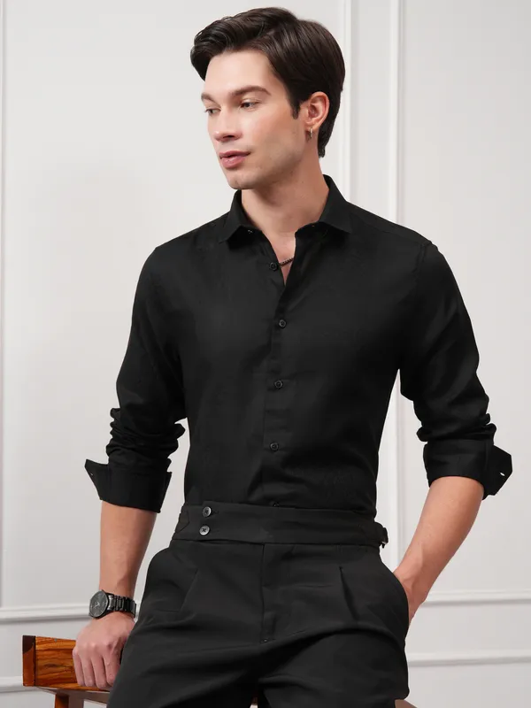 Highlander Men Black Self Design Slim Fit Casual Shirt