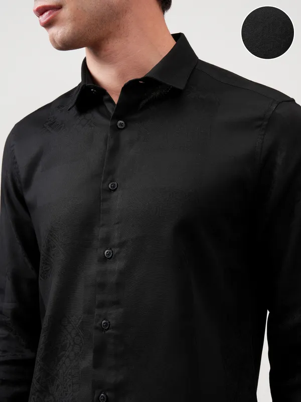 Highlander Men Black Self Design Slim Fit Casual Shirt