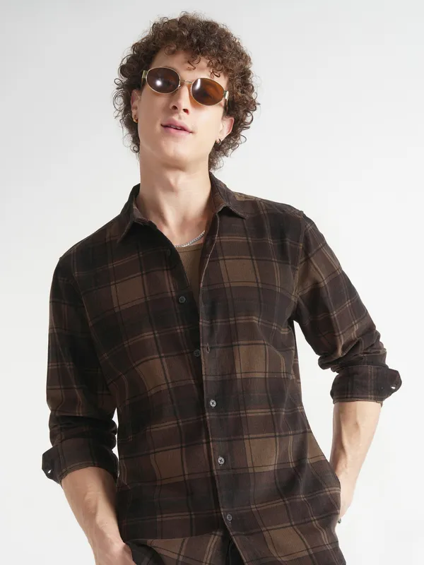 Highlander Men Mustard Checked Slim Fit Casual Shirt