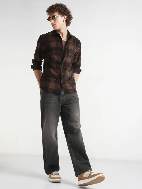 Highlander Men Mustard Checked Slim Fit Casual Shirt