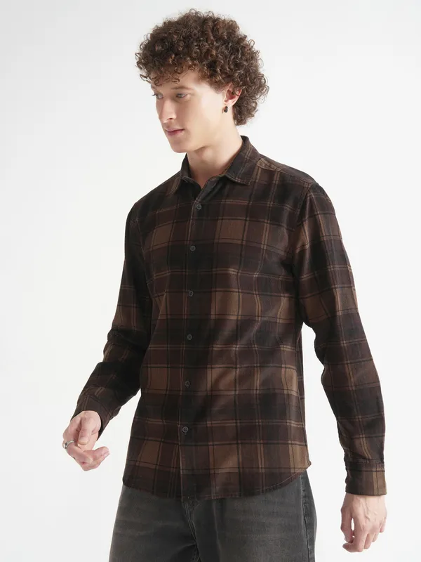 Highlander Men Mustard Checked Slim Fit Casual Shirt