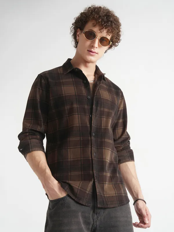 Highlander Men Mustard Checked Slim Fit Casual Shirt