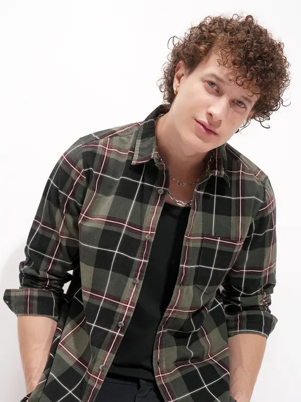 Highlander Men Olive Checked Slim Fit Casual Shirt