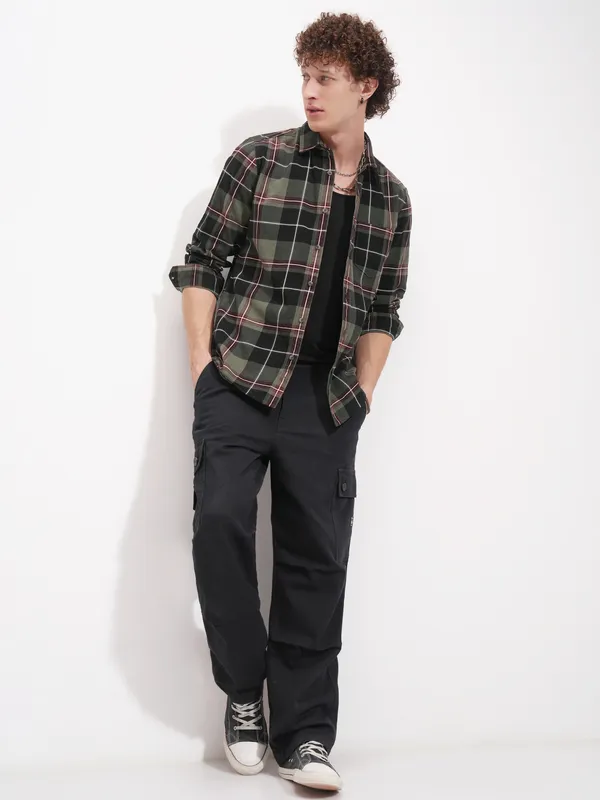 Highlander Men Olive Checked Slim Fit Casual Shirt