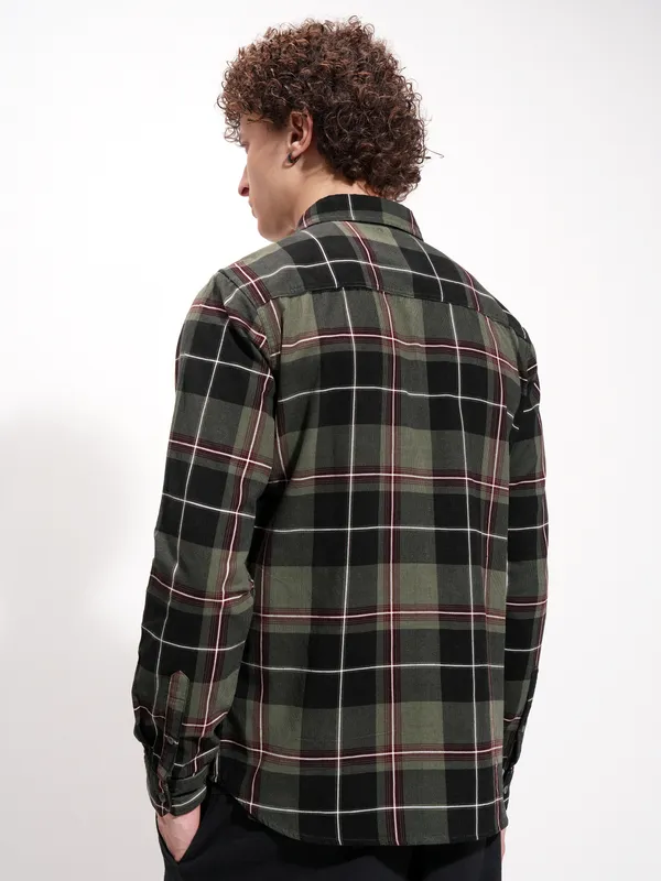 Highlander Men Olive Checked Slim Fit Casual Shirt
