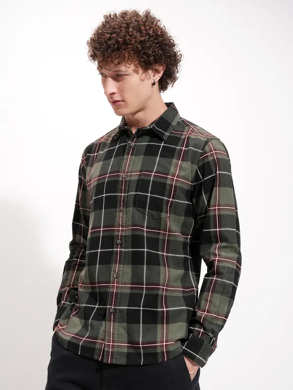 Highlander Men Olive Checked Slim Fit Casual Shirt