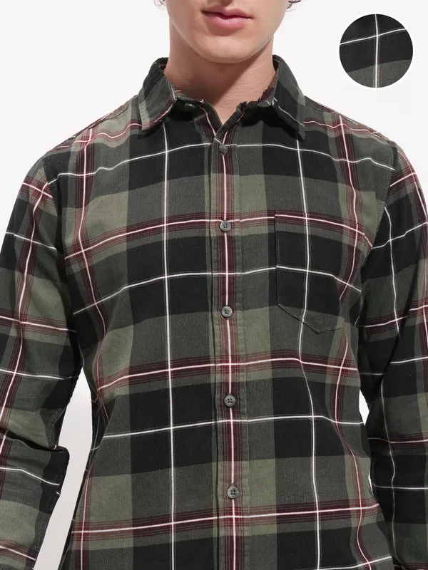 Highlander Men Olive Checked Slim Fit Casual Shirt
