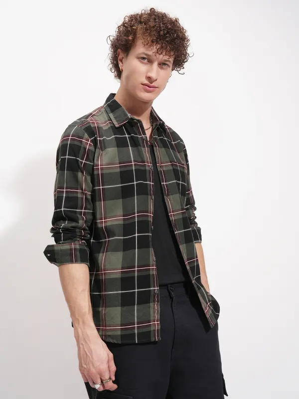 Highlander Men Olive Checked Slim Fit Casual Shirt