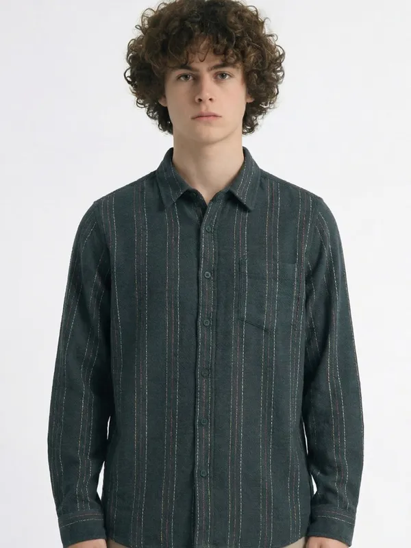 Highlander Men Green Striped Slim Fit Casual Shirt