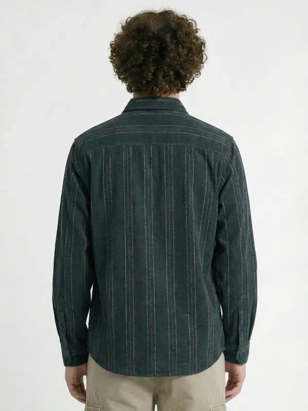 Highlander Men Green Striped Slim Fit Casual Shirt