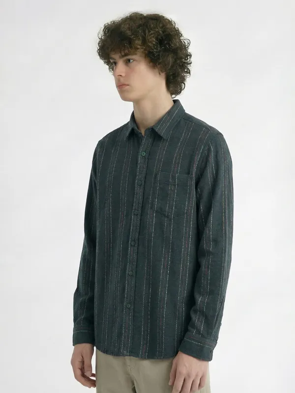 Highlander Men Green Striped Slim Fit Casual Shirt