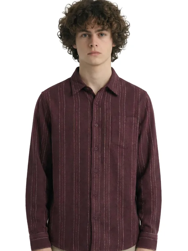 Highlander Men Maroon Striped Slim Fit Casual Shirt