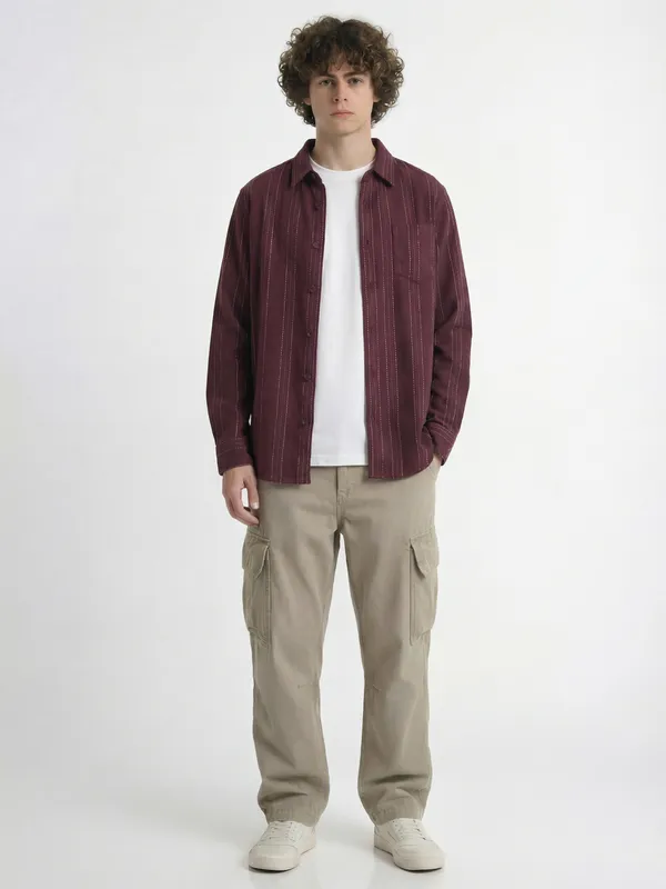 Highlander Men Maroon Striped Slim Fit Casual Shirt