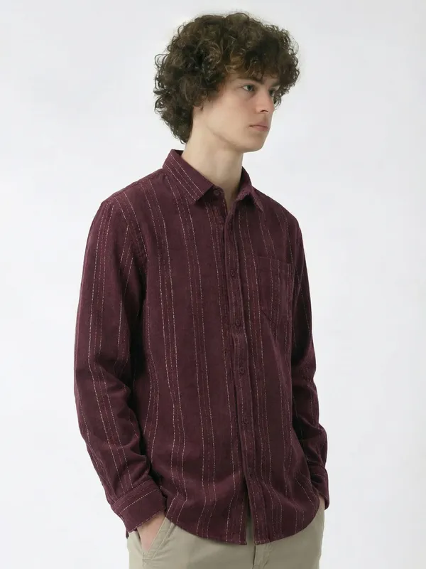 Highlander Men Maroon Striped Slim Fit Casual Shirt
