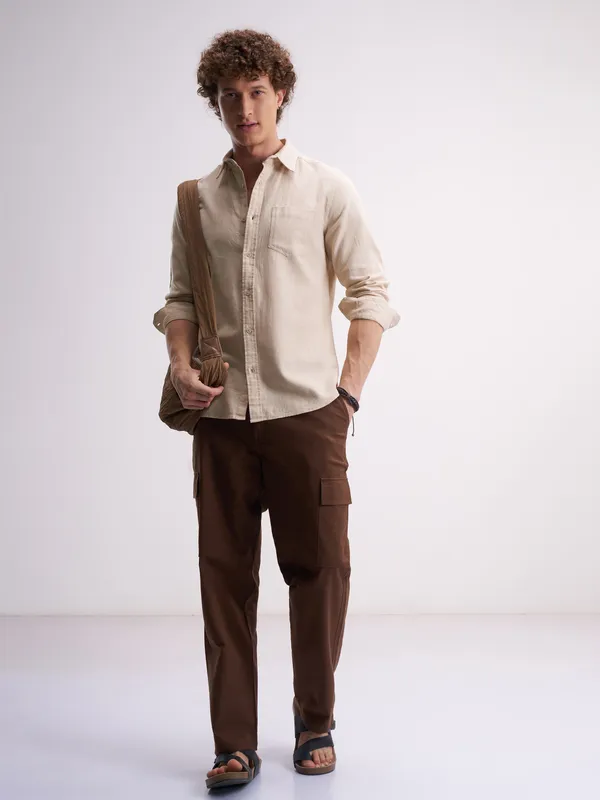 Highlander Men Beige Self Design Slim Fit Casual Shirt