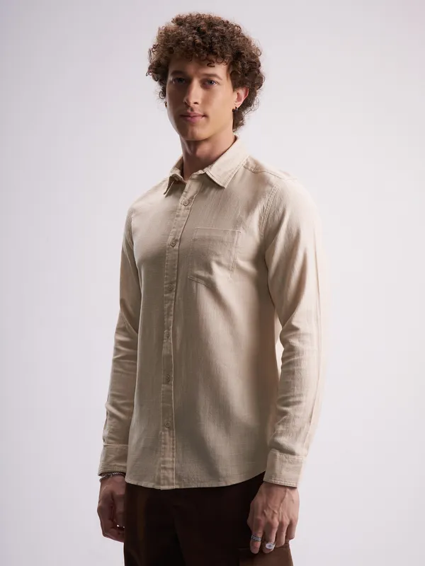 Highlander Men Beige Self Design Slim Fit Casual Shirt