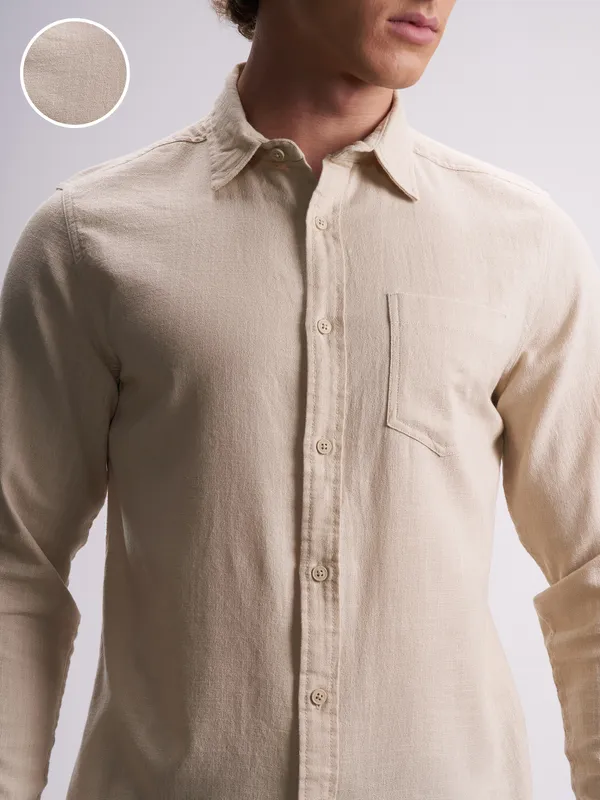 Highlander Men Beige Self Design Slim Fit Casual Shirt