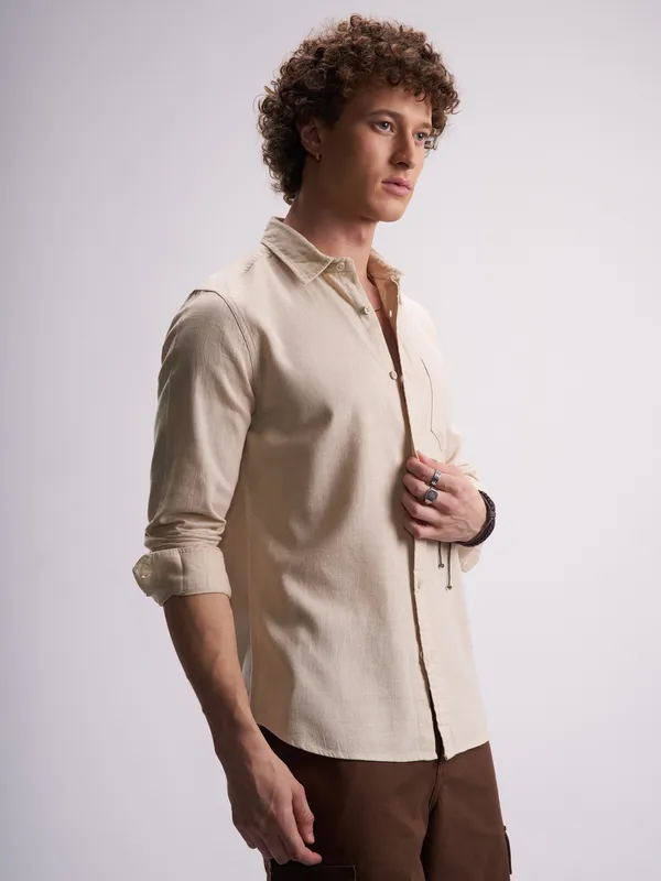 Highlander Men Beige Self Design Slim Fit Casual Shirt