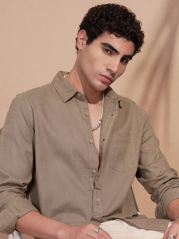 Highlander Men Khaki Self Design Slim Fit Casual Shirt