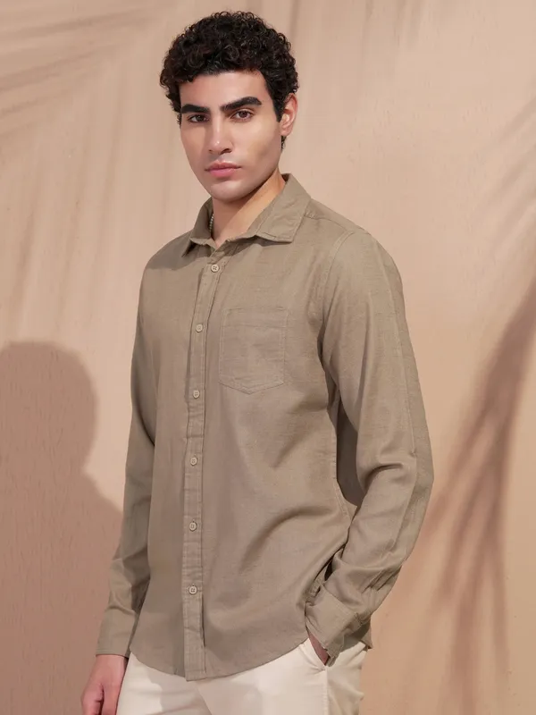 Highlander Men Khaki Self Design Slim Fit Casual Shirt