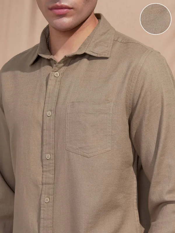 Highlander Men Khaki Self Design Slim Fit Casual Shirt