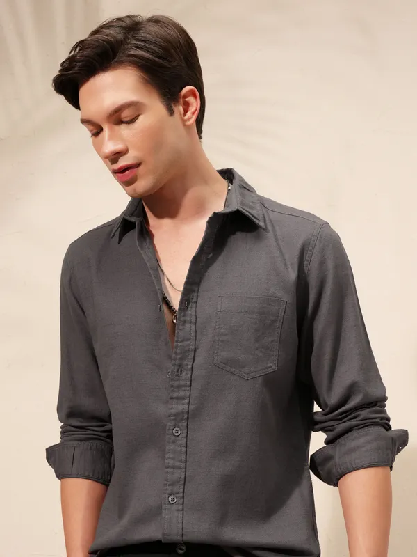 Highlander Men Grey Self Design Slim Fit Casual Shirt