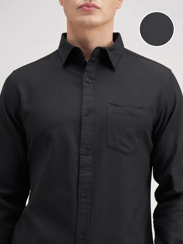 Highlander Men Black Self Design Slim Fit Casual Shirt
