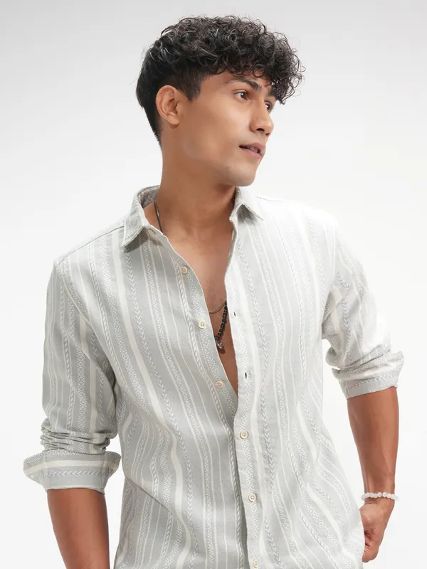 Highlander Men Grey Striped Slim Fit Casual Shirt