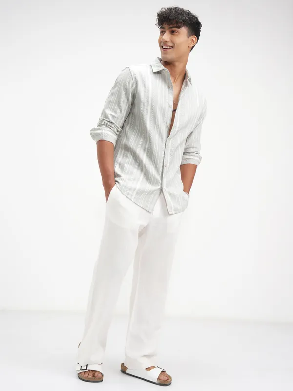 Highlander Men Grey Striped Slim Fit Casual Shirt