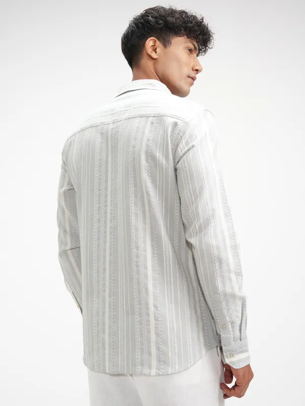 Highlander Men Grey Striped Slim Fit Casual Shirt