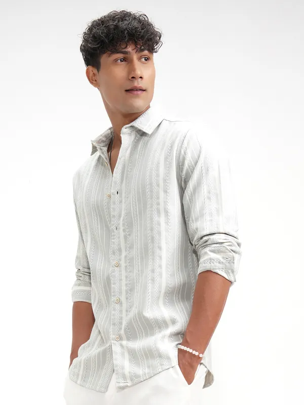Highlander Men Grey Striped Slim Fit Casual Shirt