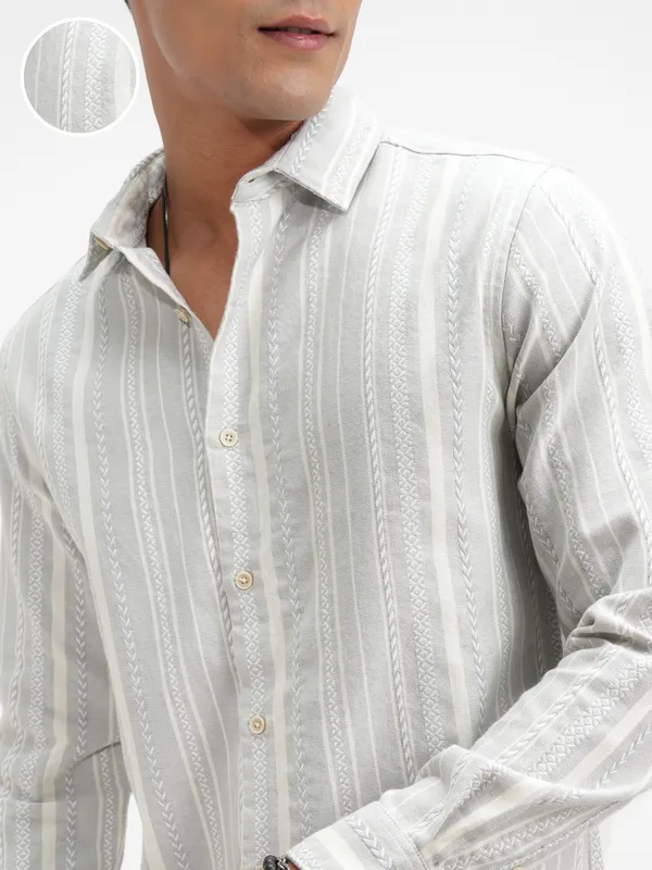Highlander Men Grey Striped Slim Fit Casual Shirt