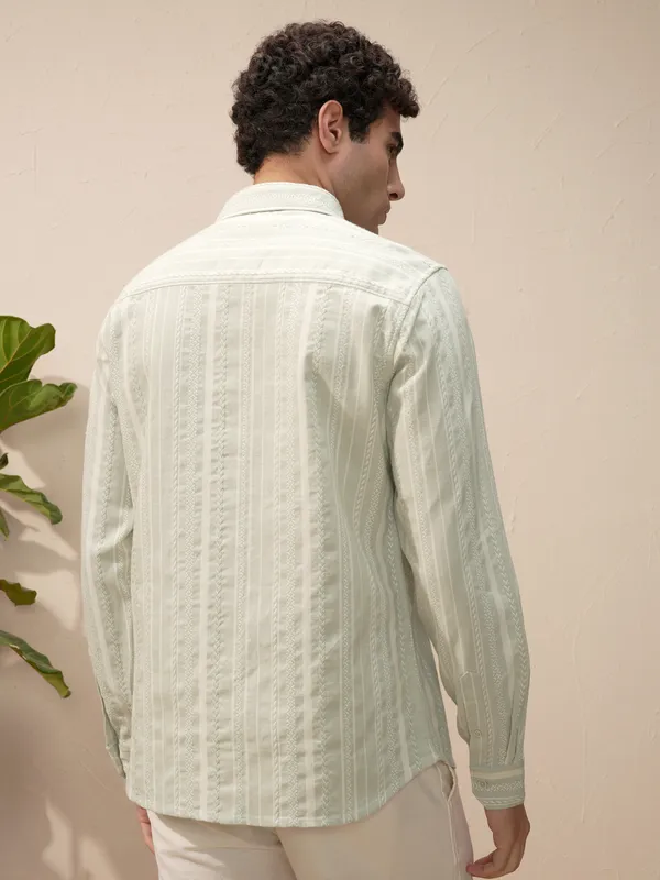 Highlander Men Green Self Design Slim Fit Casual Shirt