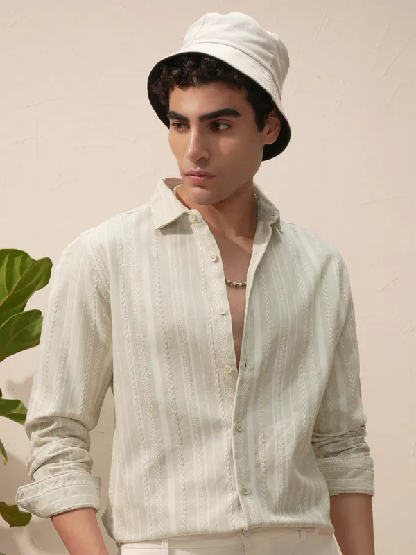 Highlander Men Beige Striped Slim Fit Casual Shirt