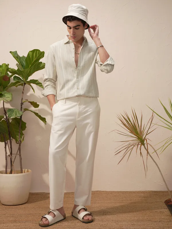 Highlander Men Beige Striped Slim Fit Casual Shirt