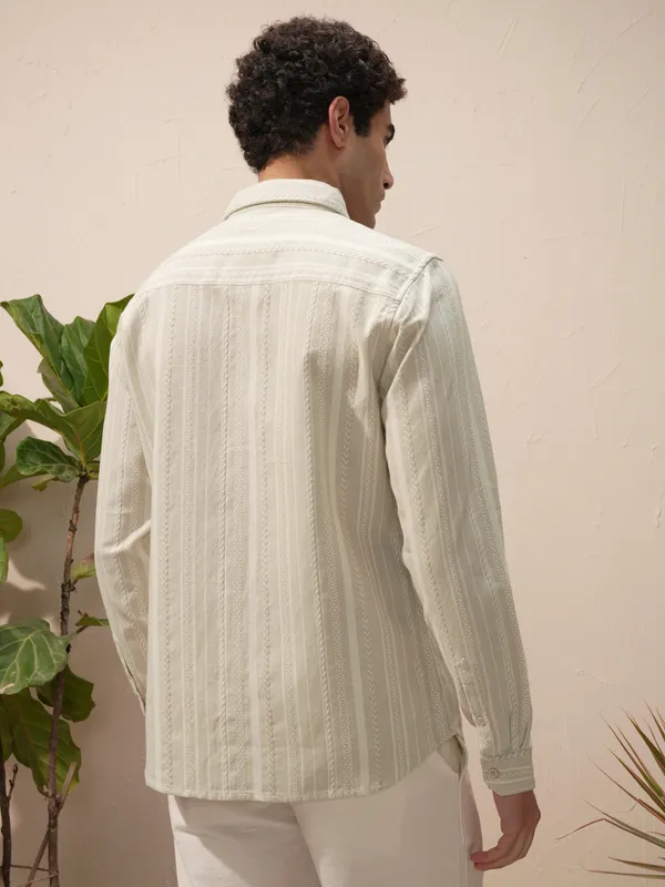 Highlander Men Beige Striped Slim Fit Casual Shirt