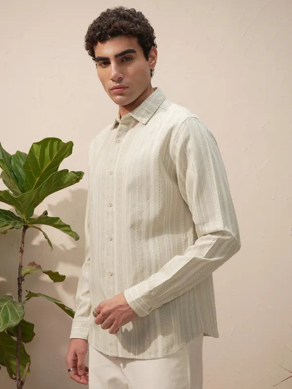 Highlander Men Beige Striped Slim Fit Casual Shirt