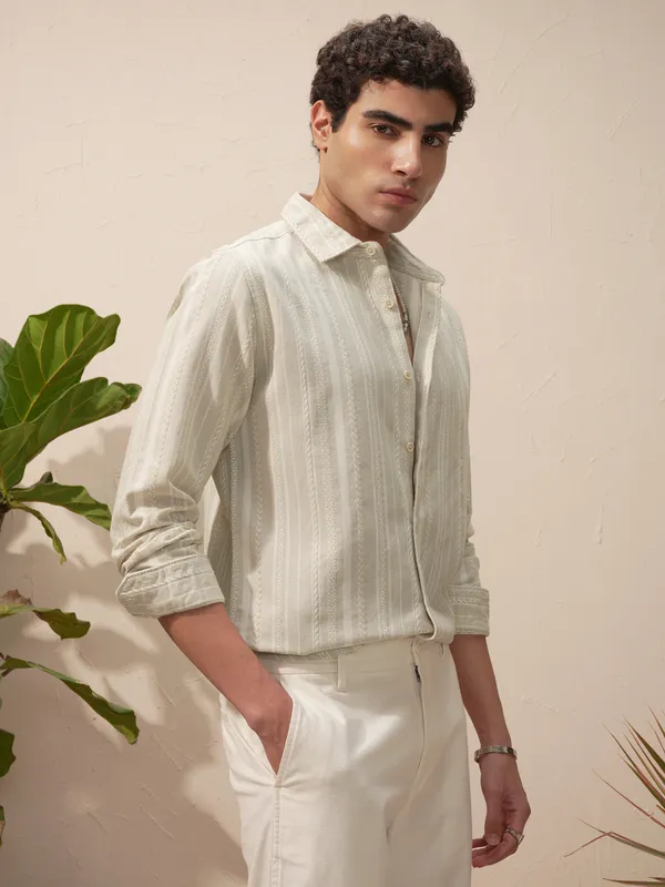 Highlander Men Beige Striped Slim Fit Casual Shirt