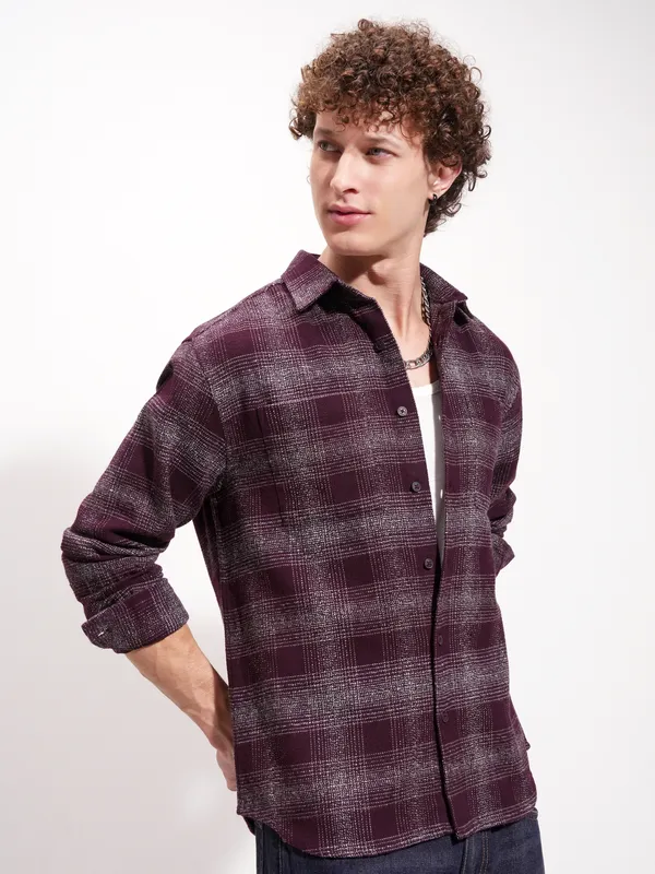 Highlander Men Maroon Checked Relaxed Fit Casual Shirt