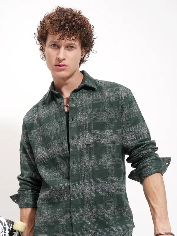 Highlander Men Green Checked Relaxed Fit Casual Shirt