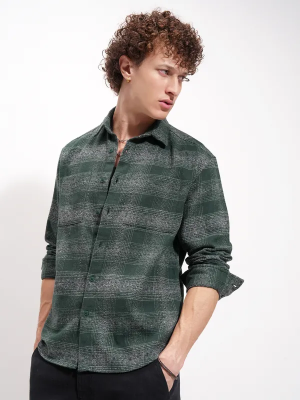 Highlander Men Green Checked Relaxed Fit Casual Shirt