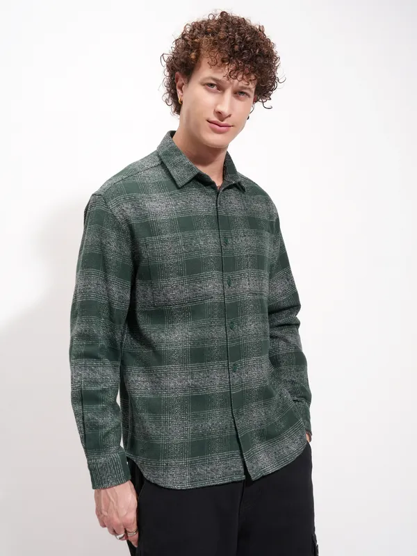 Highlander Men Green Checked Relaxed Fit Casual Shirt