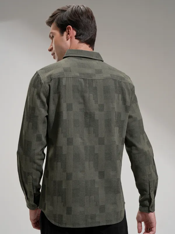 Highlander Men Olive Self Design Slim Fit Casual Shirt