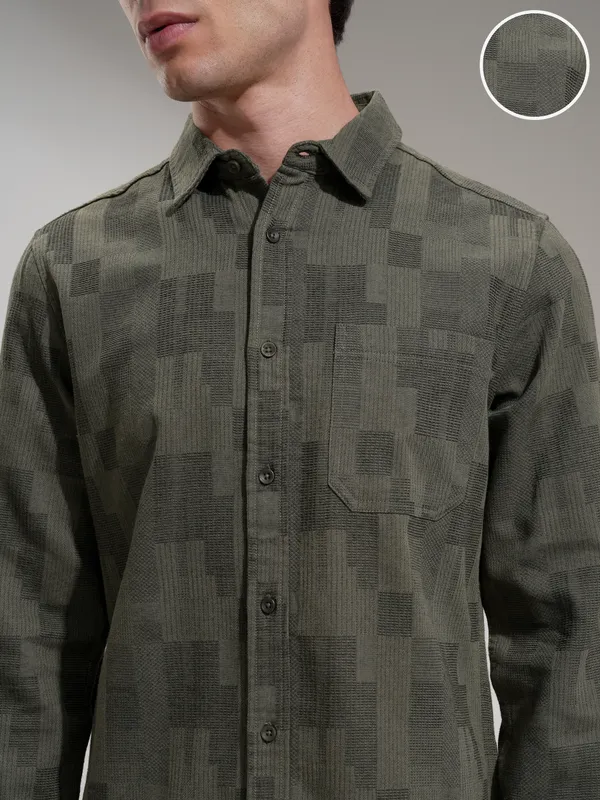 Highlander Men Olive Self Design Slim Fit Casual Shirt